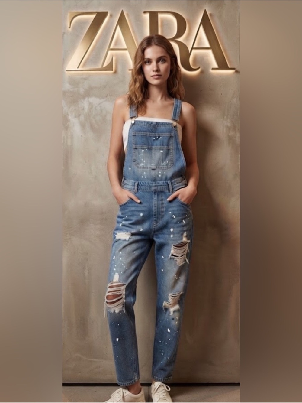 Authentic ZARA designer distressed denim jeans overalls sz S